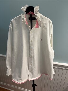 Ralph Lauren White Button-Down Shirt with Pink Ruffle Trim